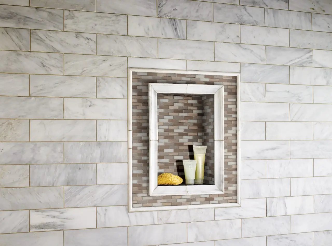 Greecian White Arabesque Tile Polished Pattern Marble Mosaics in a finished room
