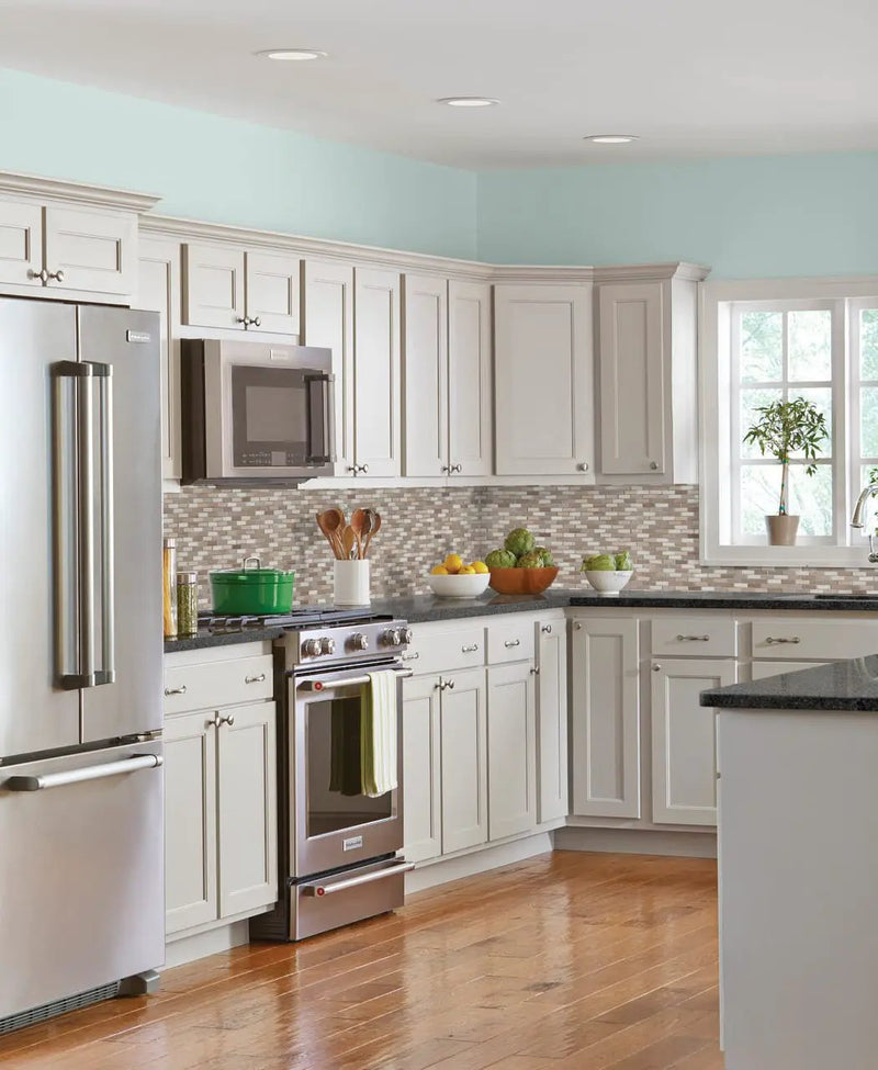 Arctic Storm 0.625x2 Brick Pattern Honed Marble Mosaics in a finished room