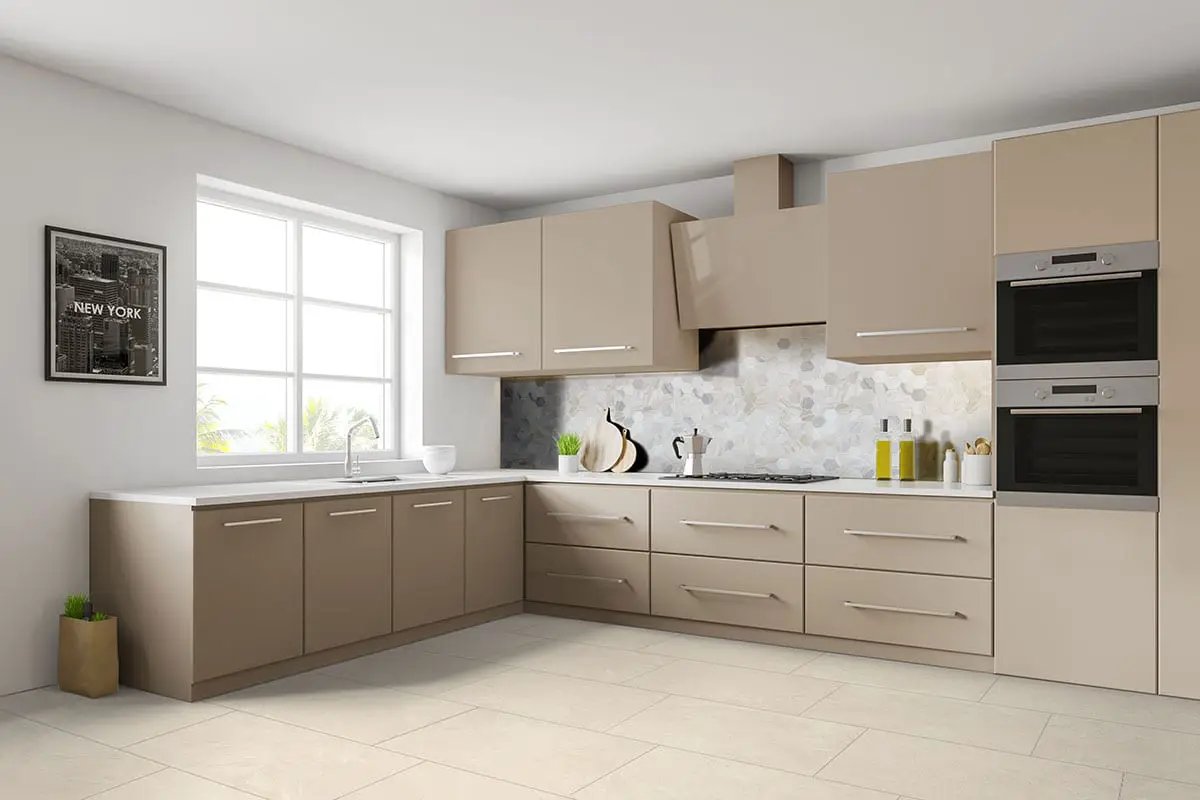 Athena Gold 2" Hexagon Honed Marble Mosaics in a finished room