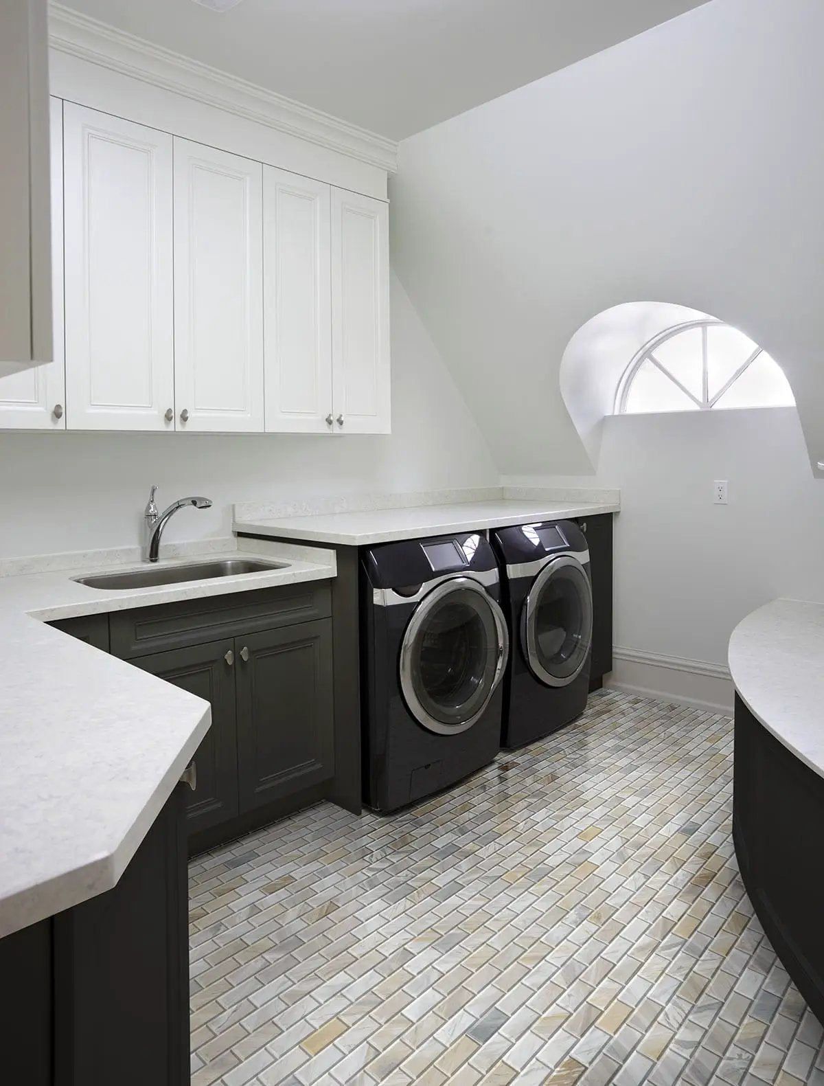 Athena Gold Beveled Tile 2x4 Honed Marble Mosaics in a finished room