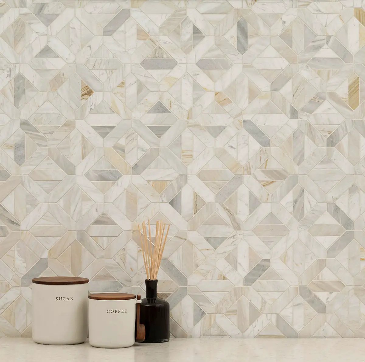 Athena Gold Geometrica Honed Pattern Marble Mosaics in a finished room