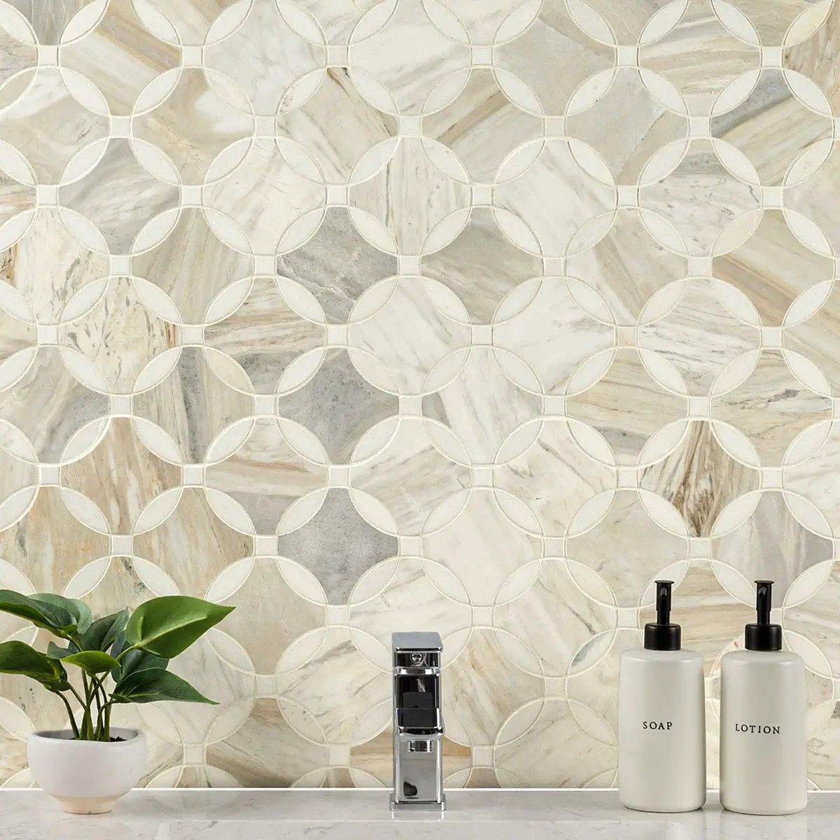 Athena Gold Lola Polished Pattern Marble Mosaics in a finished room