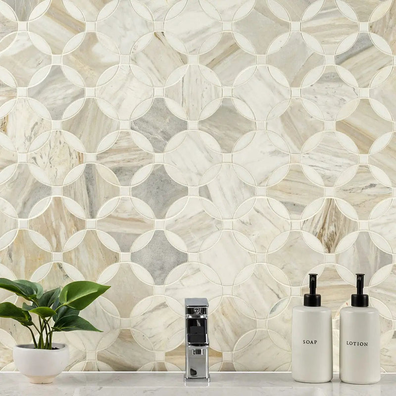 Athena Gold Lola Polished Pattern Marble Mosaics in a finished room