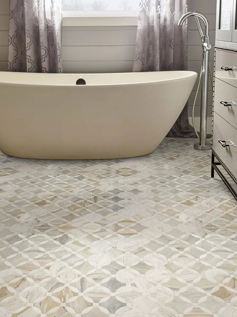 Athena Gold Lola Polished Pattern Marble Mosaics in a finished room