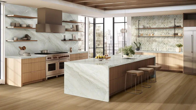 Athena Gold Lola Polished Pattern Marble Mosaics in a finished room