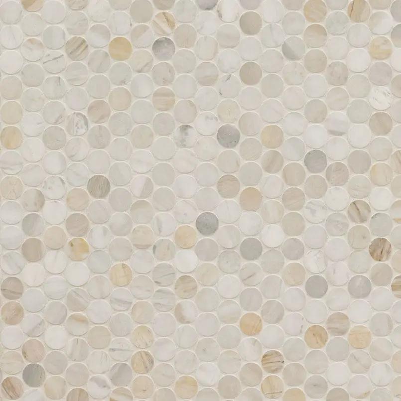 Athena Gold Penny Round Honed Marble Mosaics close up