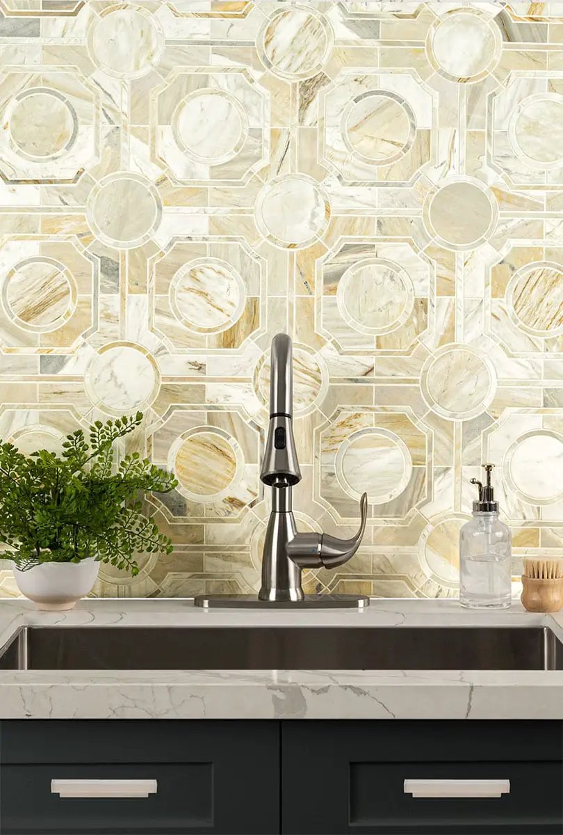 Athena Gold Regency Polished Pattern Marble Mosaics in a finished room