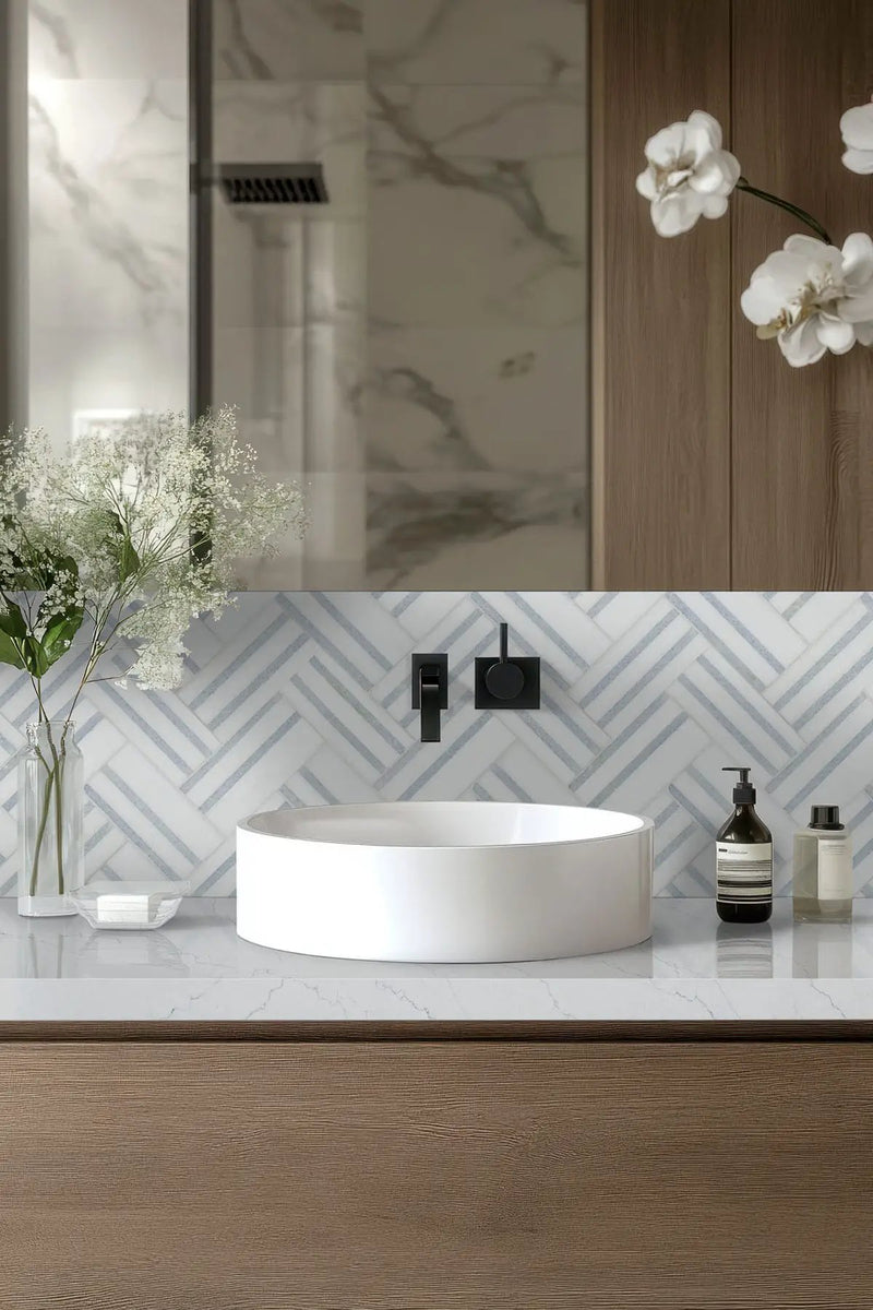 Azula Linea Polished Marble Mosaics in a finished room