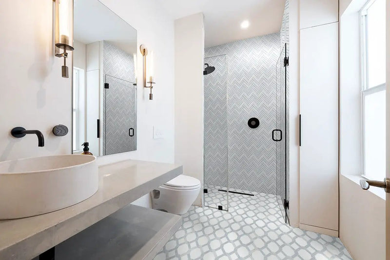 Azula Linea Polished Marble Mosaics in a finished room