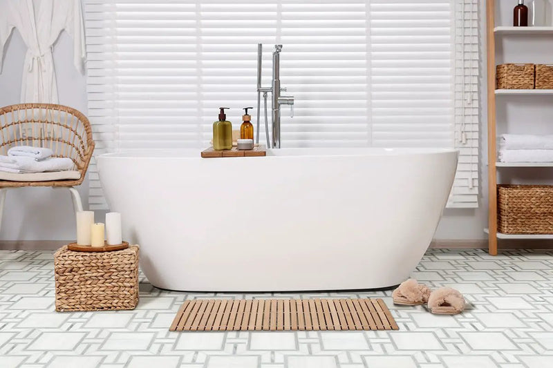 Bianco Dolomite Alana Polished Marble Mosaics in a finished room