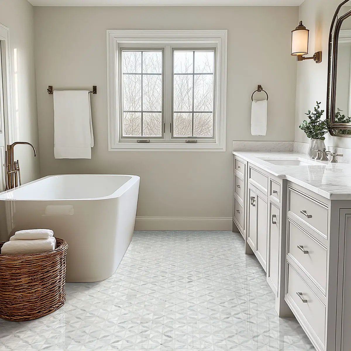 Bianco Starlite Polished Pattern Marble Mosaics in a finished room