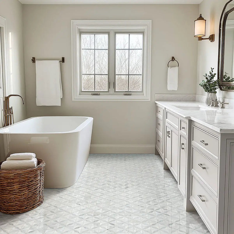Bianco Starlite Polished Pattern Marble Mosaics in a finished room