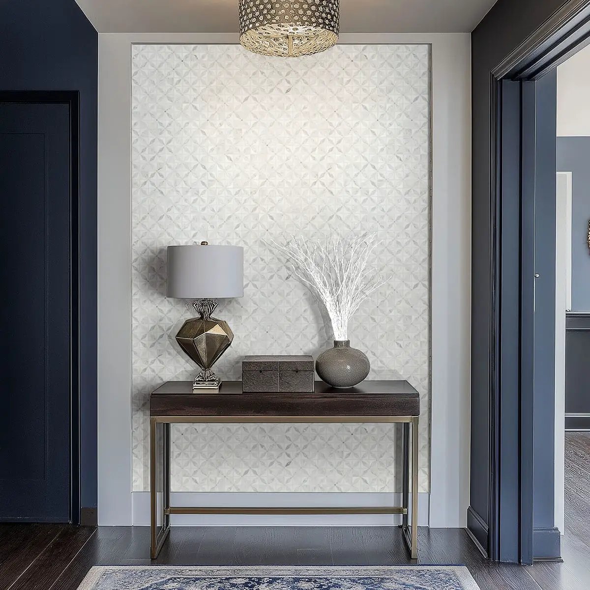 Bianco Starlite Polished Pattern Marble Mosaics in a finished room