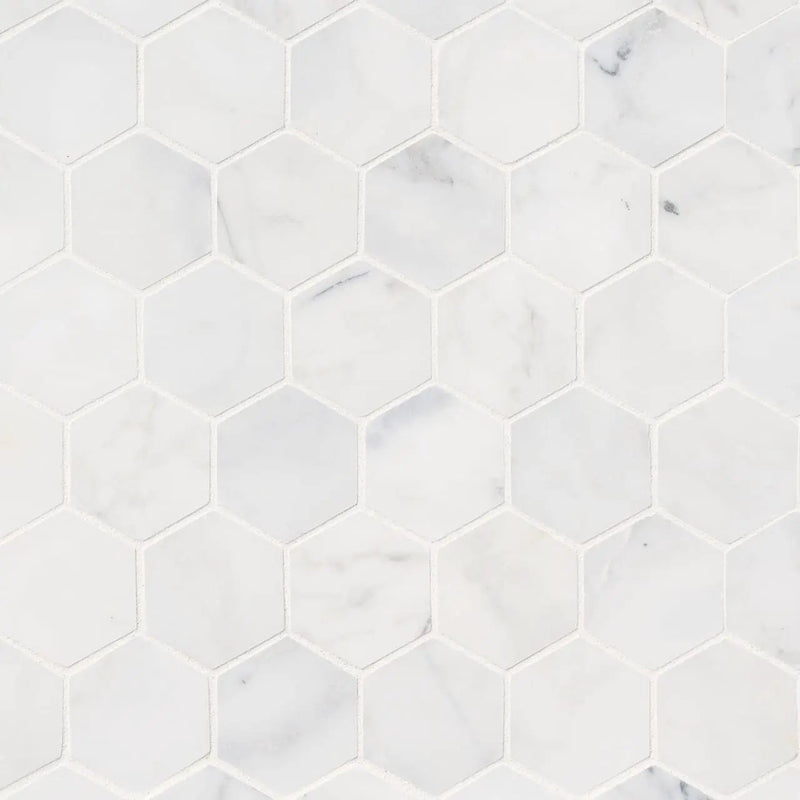 Calacatta Cressa 2” Hexagon Mosaic Tile Honed Marble close up