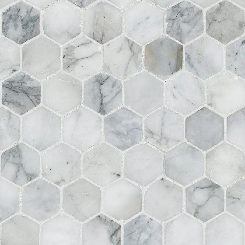 Calacatta Cressa 2” Hexagon Mosaic Tile Honed Marble close up