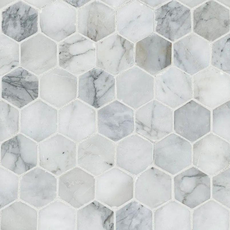 Calacatta Cressa 2” Hexagon Mosaic Tile Honed Marble close up