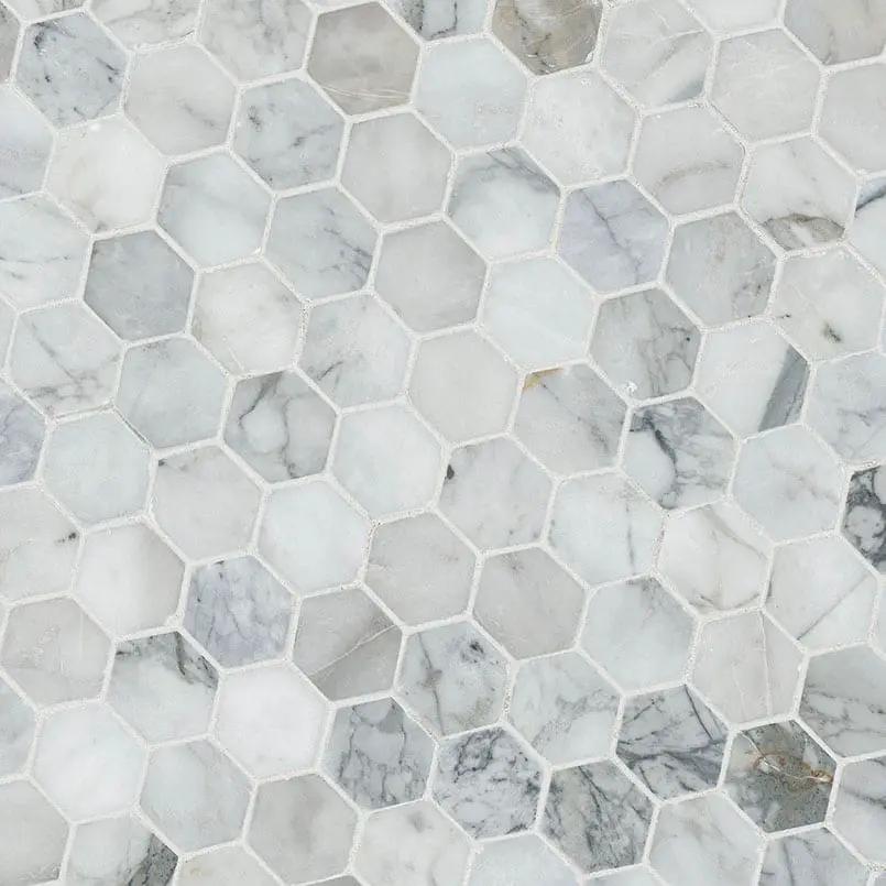 Calacatta Cressa 2” Hexagon Mosaic Tile Honed Marble angled view