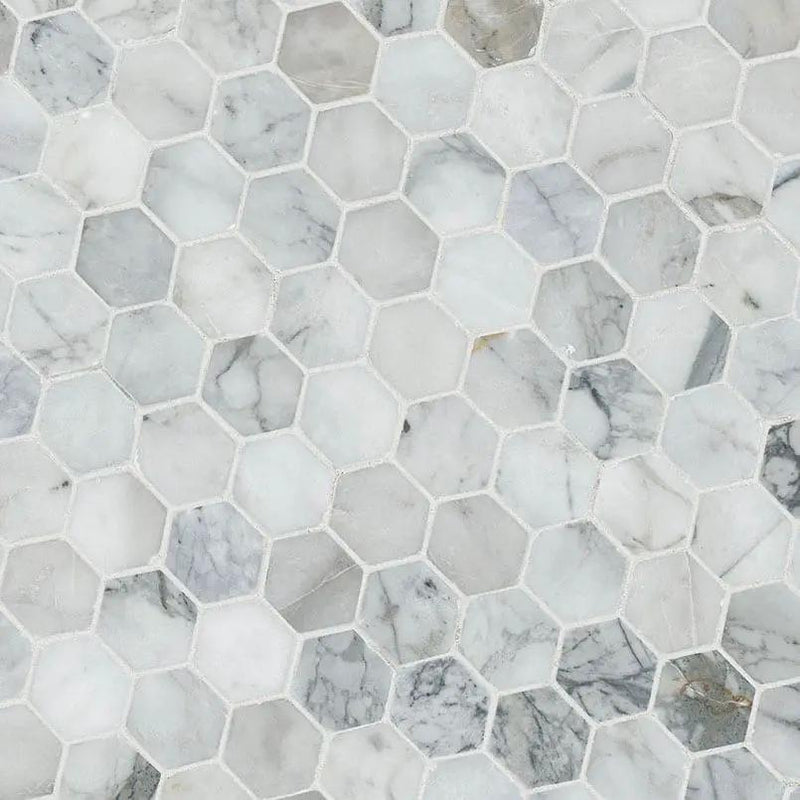 Calacatta Cressa 2” Hexagon Mosaic Tile Honed Marble angled view