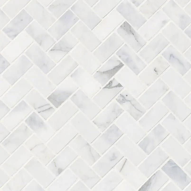 Calacatta Cressa Herringbone Honed Pattern Marble Mosaics close up