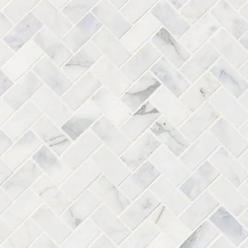Calacatta Cressa Herringbone Honed Pattern Marble Mosaics close up