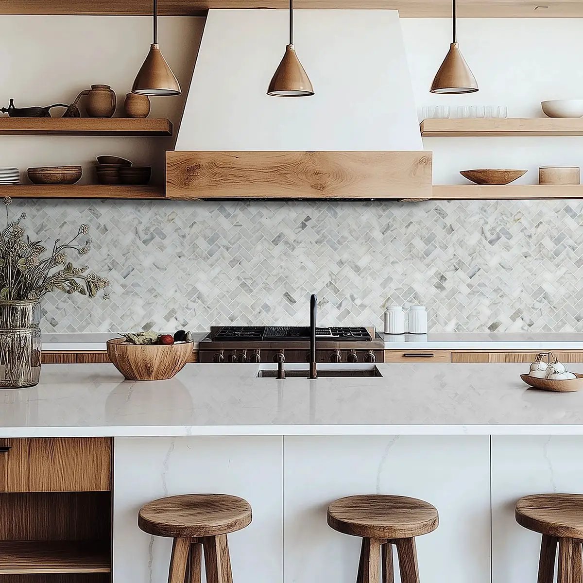 Calacatta Cressa Herringbone Honed Pattern Marble Mosaics in a finished room