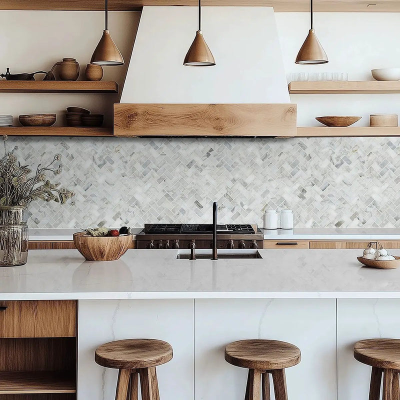 Calacatta Cressa Herringbone Honed Pattern Marble Mosaics in a finished room
