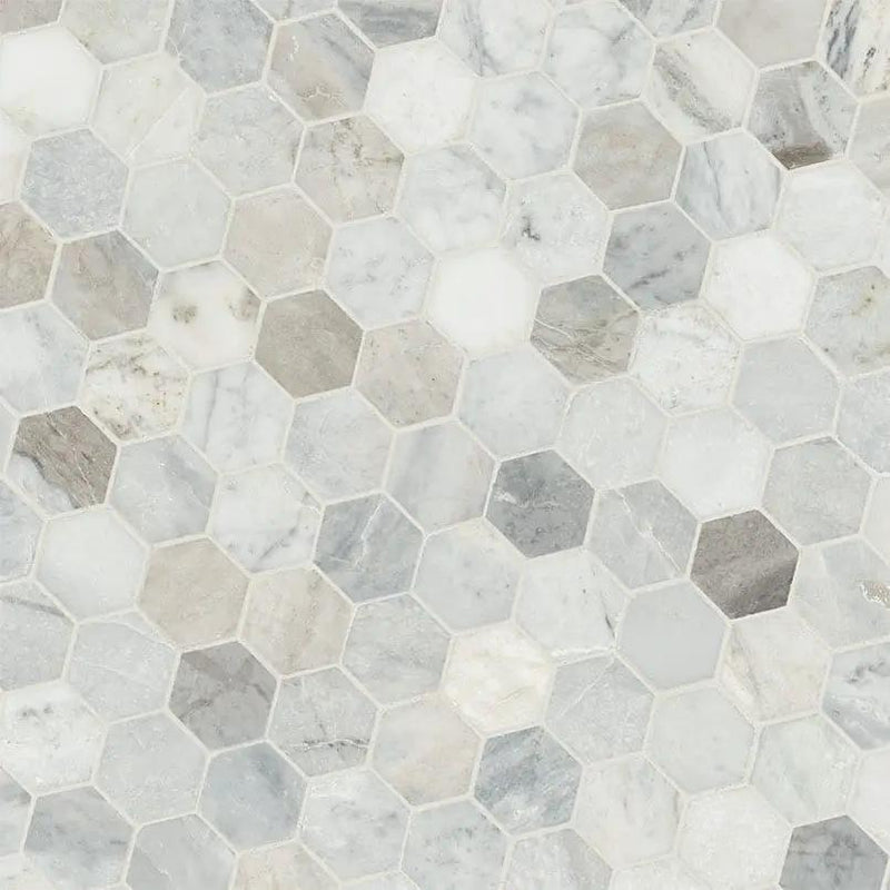Capri Blue 2" Hexagon Mosaic Tile Honed Marble angled view