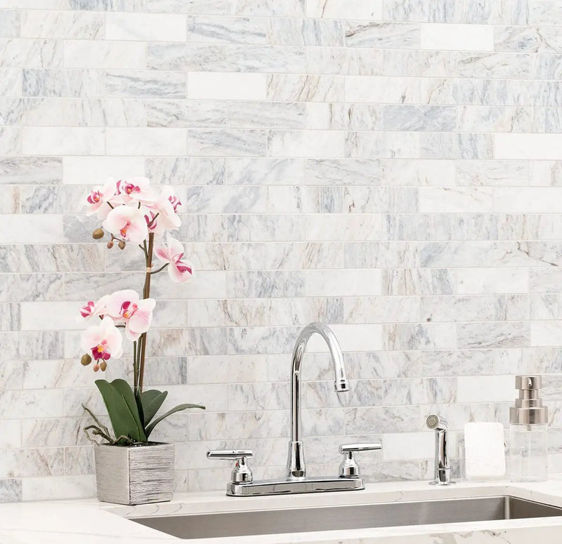 Capri Blue Honed Subway Tile 2x6 Marble Mosaics in a finished room