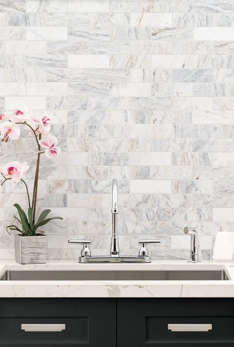 Capri Blue Honed Subway Tile 2x6 Marble Mosaics in a finished room