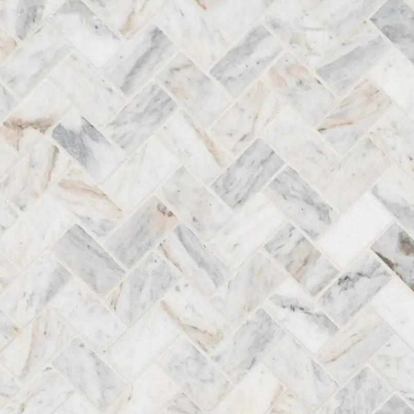 Capri Blue 1x2 Herringbone Honed Marble Mosaics close up