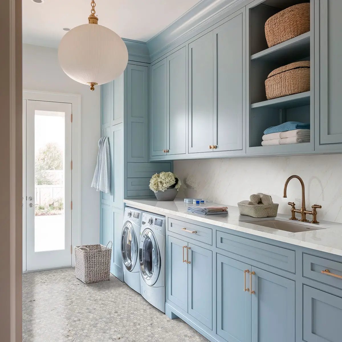 Capri Blue Round Honed Matte Marble Mosaics in a finished room