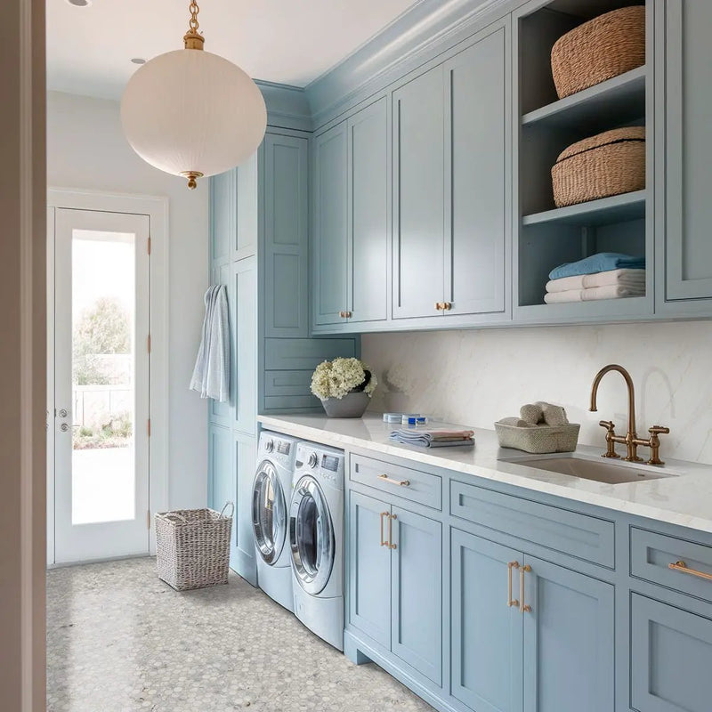 Capri Blue Round Honed Matte Marble Mosaics in a finished room