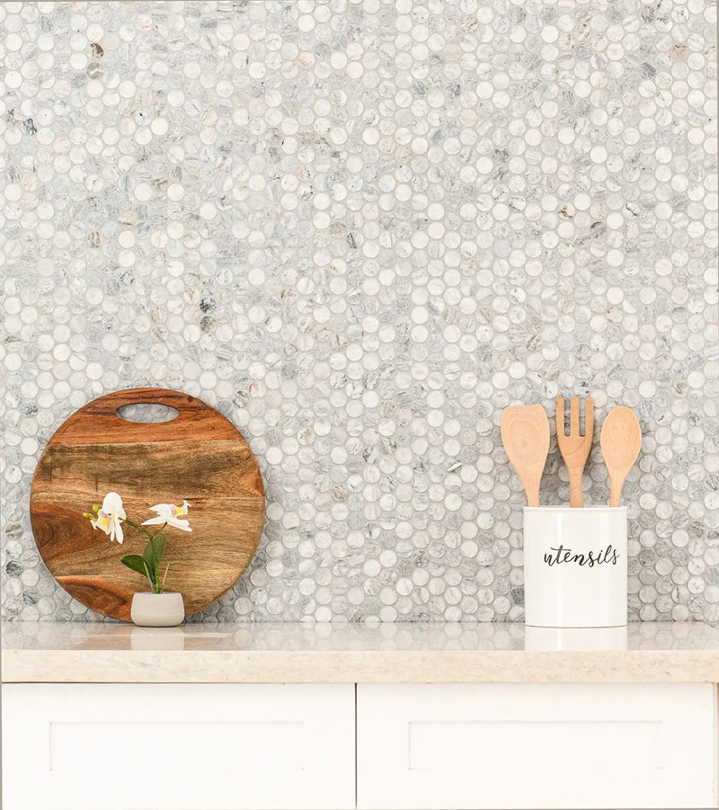Capri Blue Round Honed Matte Marble Mosaics in a finished room