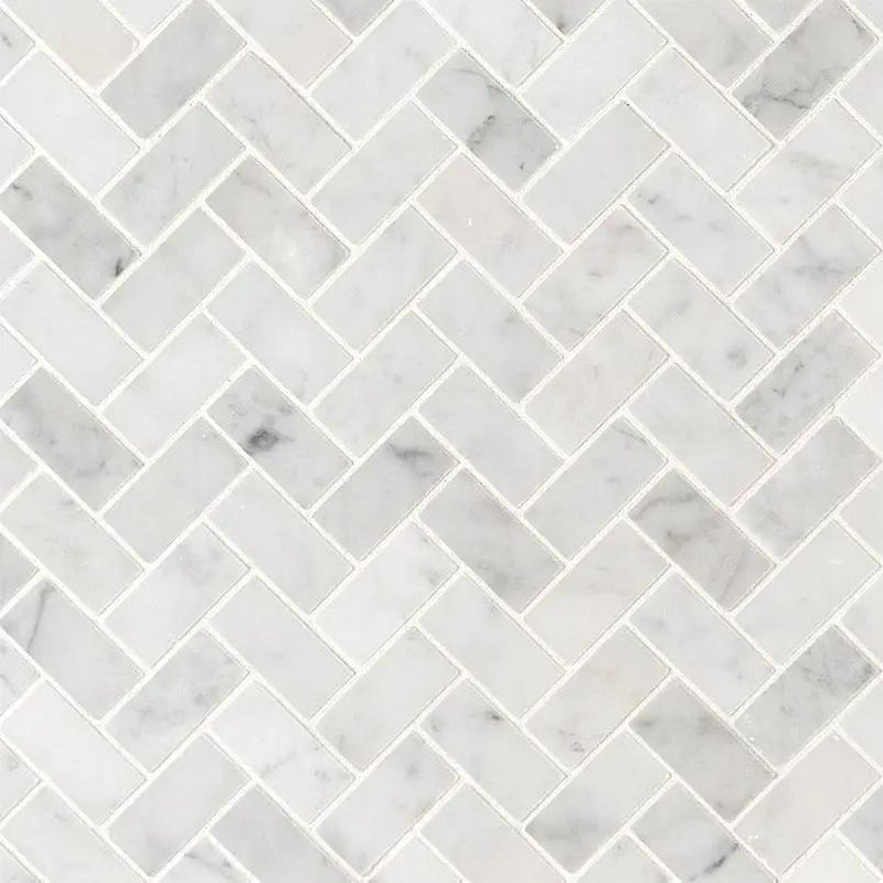 Carrara White 1x2 Herringbone Honed Marble Mosaics close up