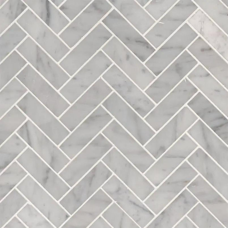 Carrara White 1x3 Herringbone Polished Marble Mosaics close up