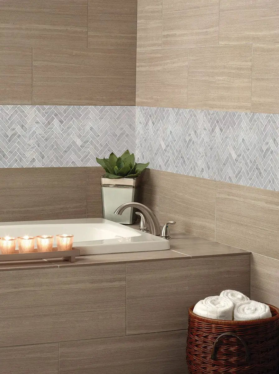 Carrara White 1x3 Herringbone Polished Marble Mosaics in a finished room