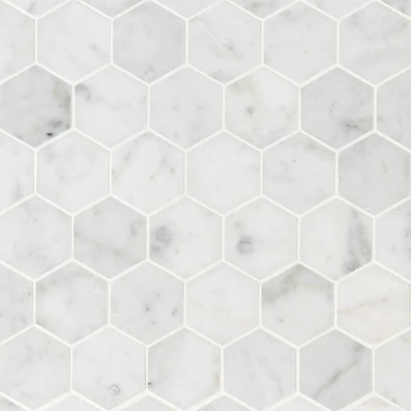 Carrara White Honed 2" Hexagon Mosaic Tile Marble close up