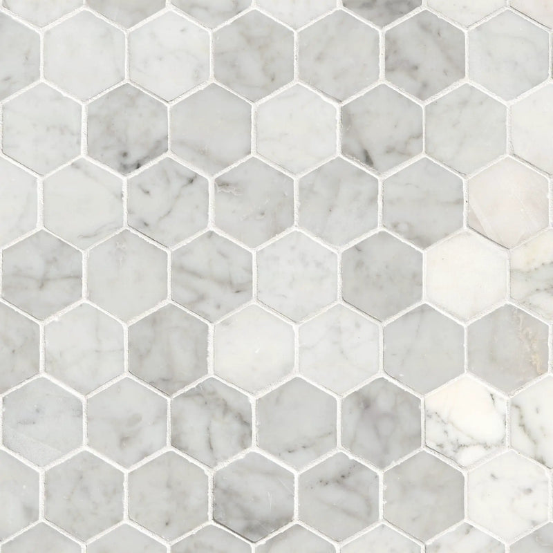 Carrara White Polished Hexagon Marble Mosaics close up
