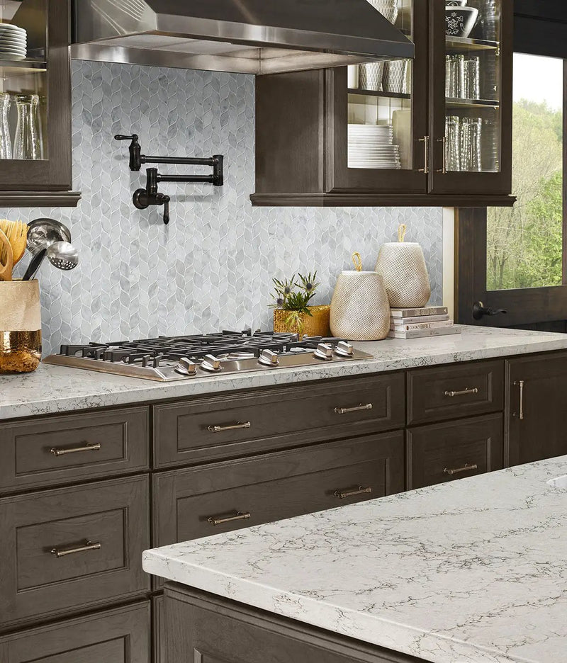 Carrara White Blanco Pattern Honed Marble Mosaics in a finished room