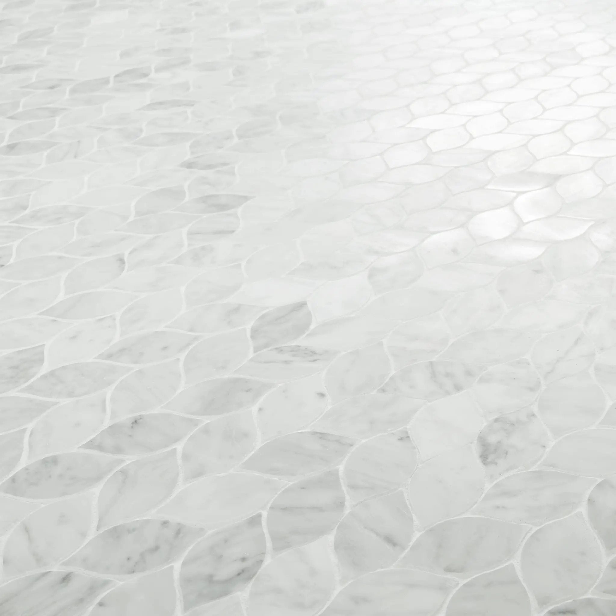 Carrara White Blanco Pattern Honed Marble Mosaics angled view