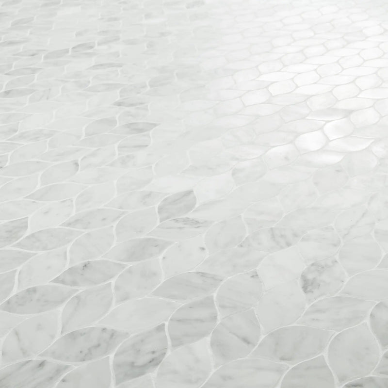 Carrara White Blanco Pattern Honed Marble Mosaics angled view