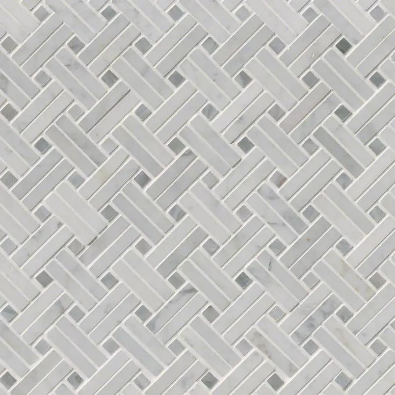 Carrara White Polished Basketweave Pattern Marble Mosaics close up