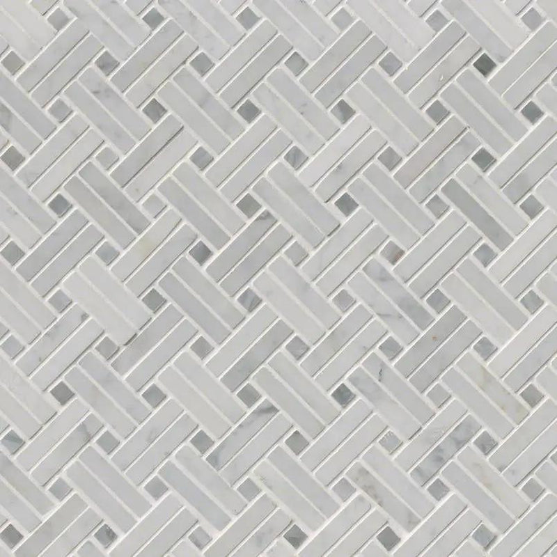 Carrara White Polished Basketweave Pattern Marble Mosaics close up