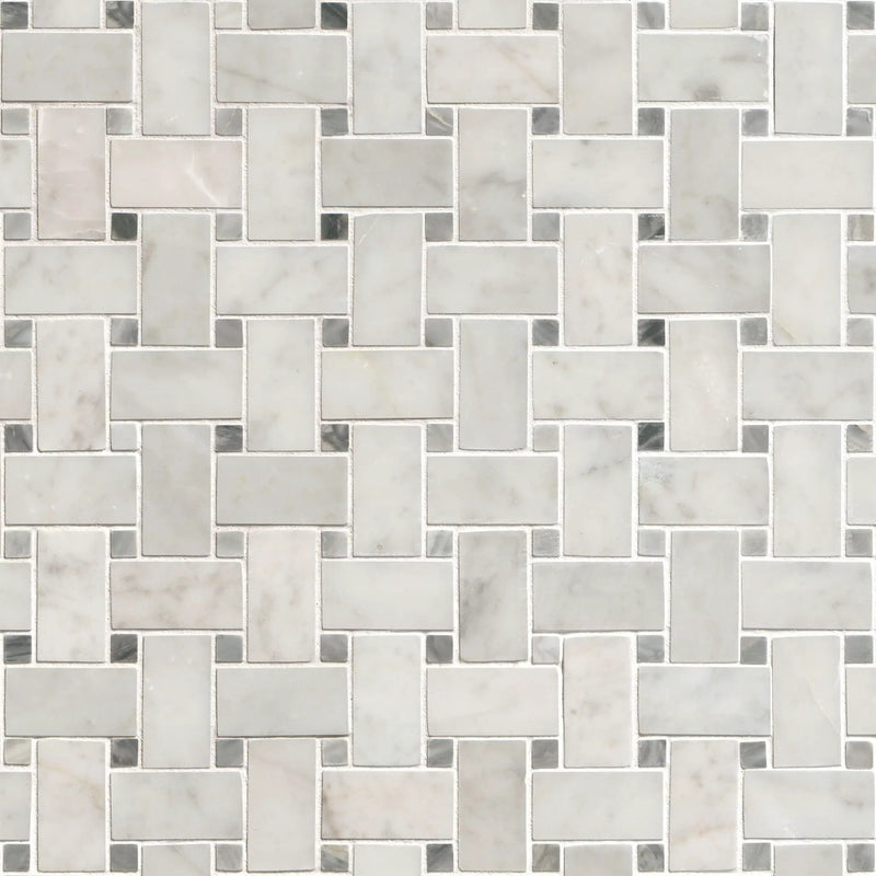 Carrara White Basketweave Pattern Honed Marble Mosaics close up