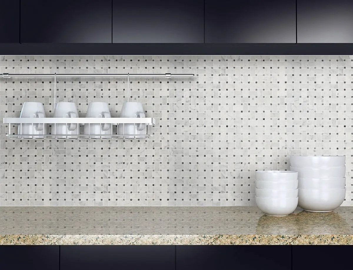 Carrara White Basketweave Pattern Honed Marble Mosaics in a finished room