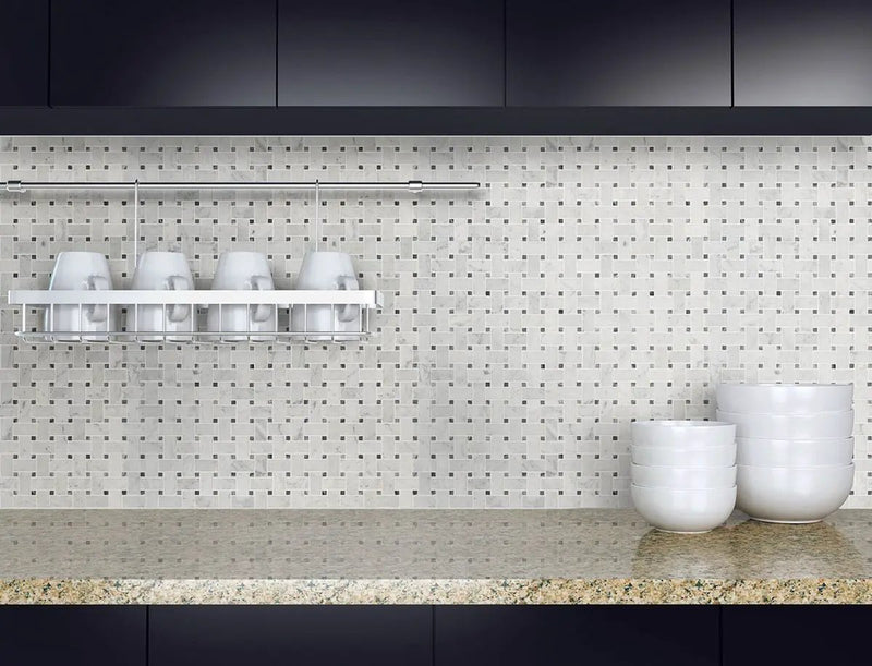 Carrara White Basketweave Pattern Honed Marble Mosaics in a finished room