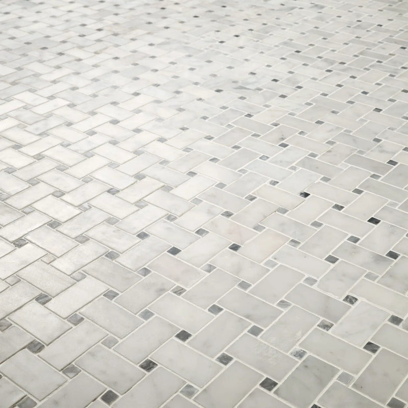 Carrara White Basketweave Pattern Honed Marble Mosaics angled view