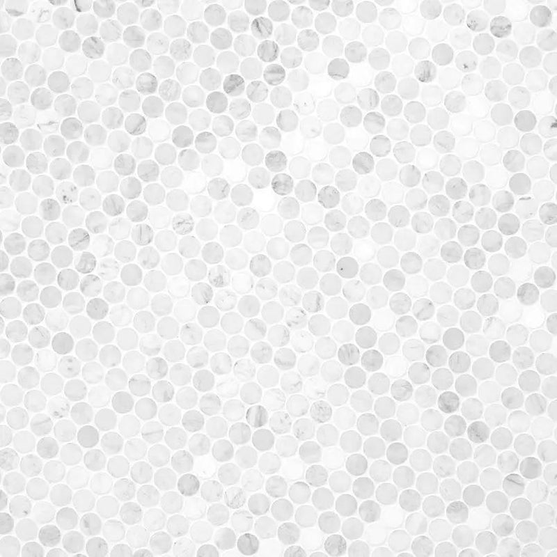 Carrara White Round Pattern Honed Marble Mosaics angled view