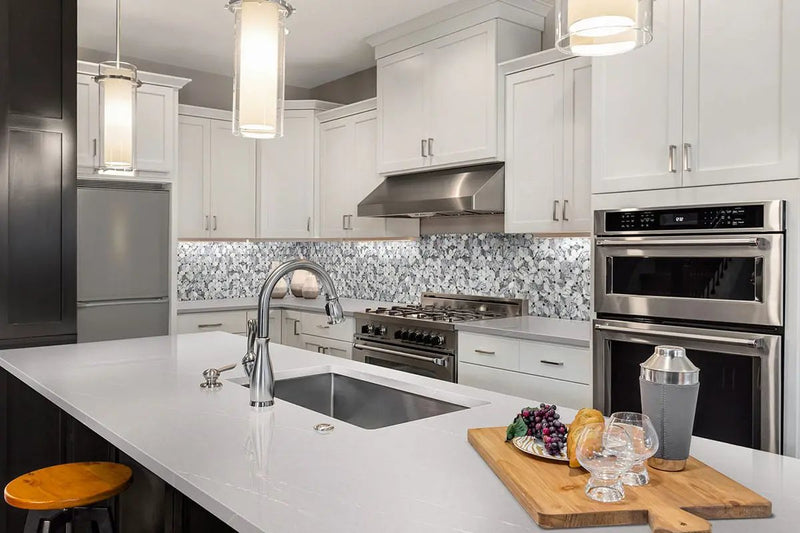 Cecily Lilac Polished Pattern Marble Mosaics in a finished room