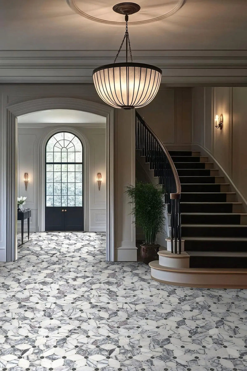 Cecily Lilac Polished Pattern Marble Mosaics in a finished room